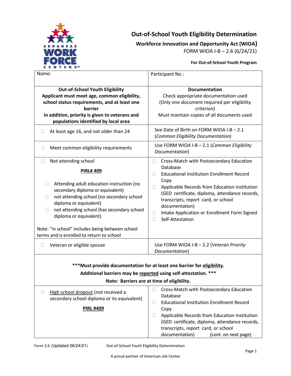 Form 2.6 Out-Of-School Youth Eligibility Determination for out-Of-School Youth Program - Workforce Innovation and Opportunity Act (Wioa) - Arkansas, Page 1