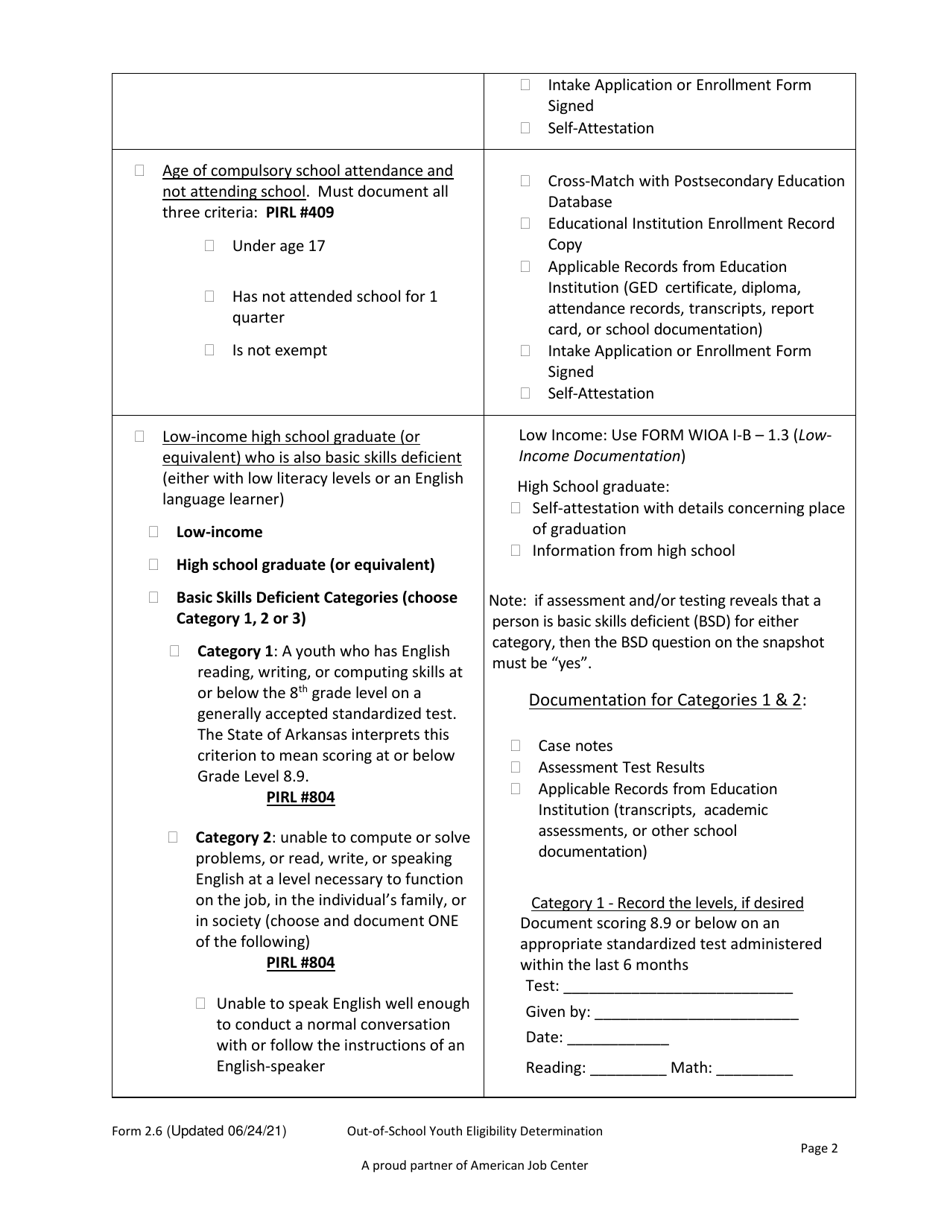 Form 2.6 Out-Of-School Youth Eligibility Determination for out-Of-School Youth Program - Workforce Innovation and Opportunity Act (Wioa) - Arkansas, Page 2