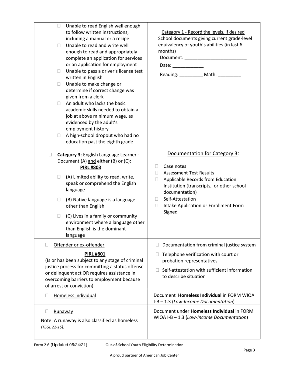 Form 2.6 Out-Of-School Youth Eligibility Determination for out-Of-School Youth Program - Workforce Innovation and Opportunity Act (Wioa) - Arkansas, Page 3