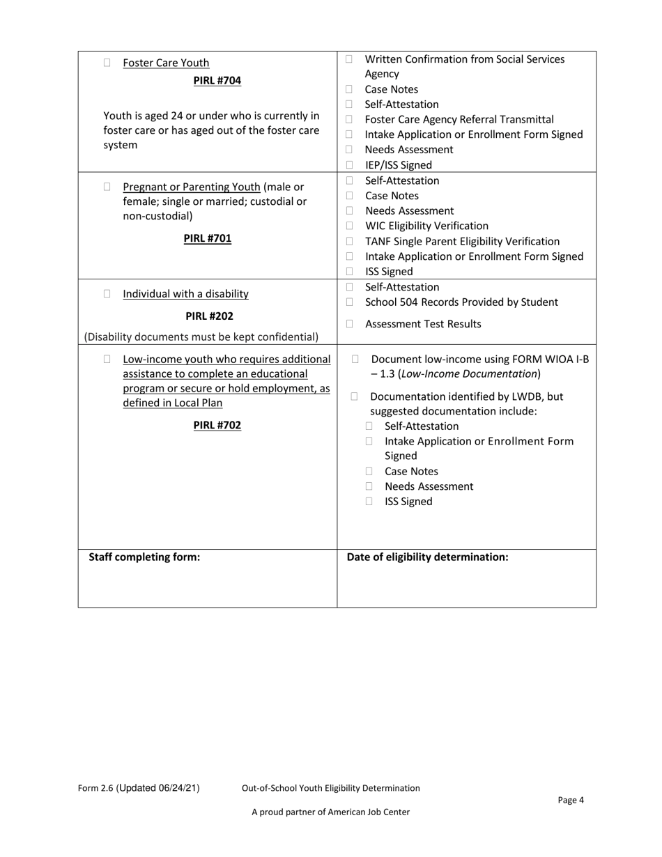 Form 2.6 Out-Of-School Youth Eligibility Determination for out-Of-School Youth Program - Workforce Innovation and Opportunity Act (Wioa) - Arkansas, Page 4