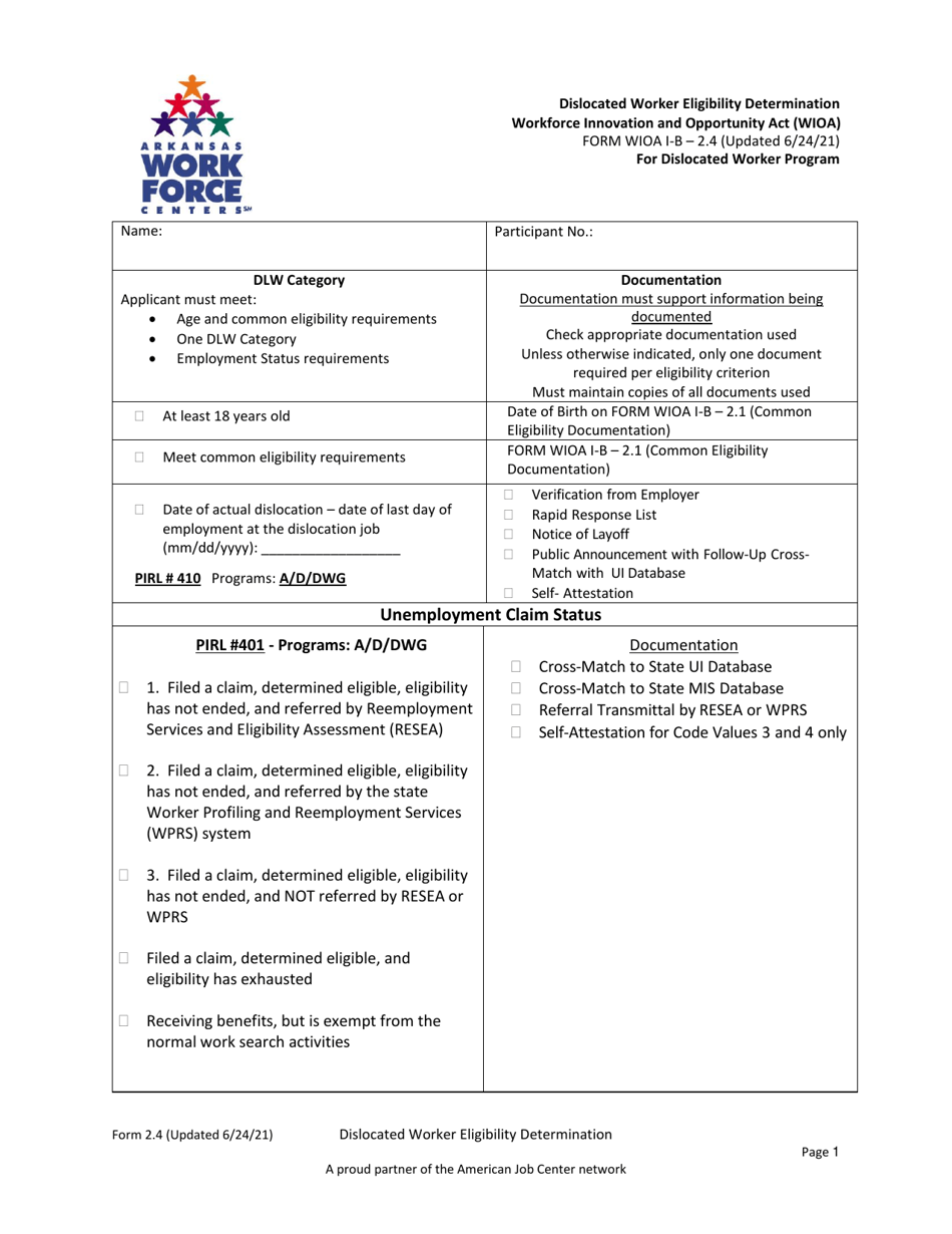 form 2 4 download printable pdf or fill online dislocated worker eligibility determination for dislocated worker program workforce innovation and opportunity act wioa arkansas templateroller