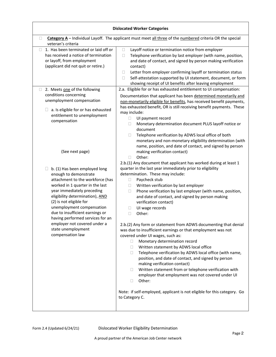 Form 2.4 Dislocated Worker Eligibility Determination for Dislocated Worker Program - Workforce Innovation and Opportunity Act (Wioa) - Arkansas, Page 2