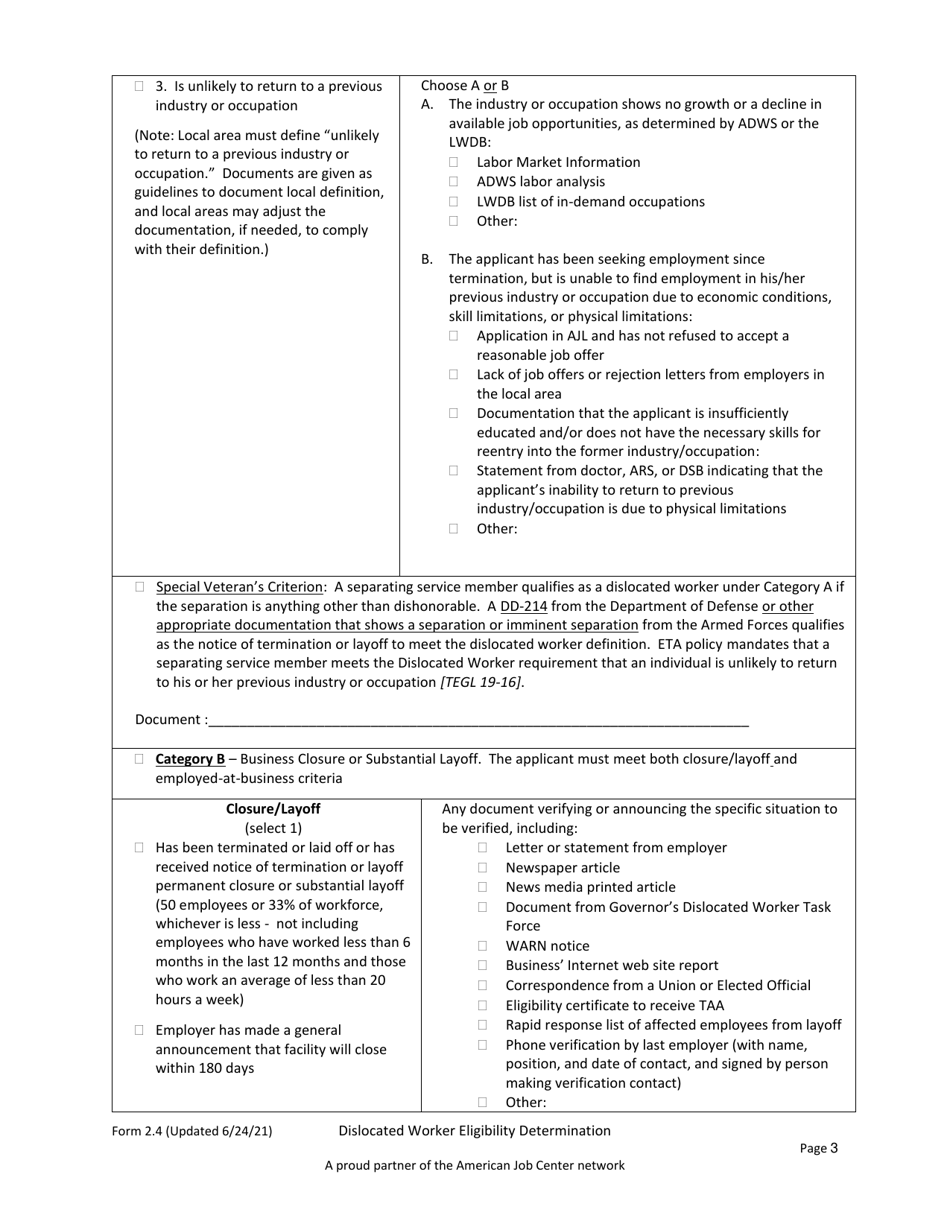 Form 2.4 Dislocated Worker Eligibility Determination for Dislocated Worker Program - Workforce Innovation and Opportunity Act (Wioa) - Arkansas, Page 3