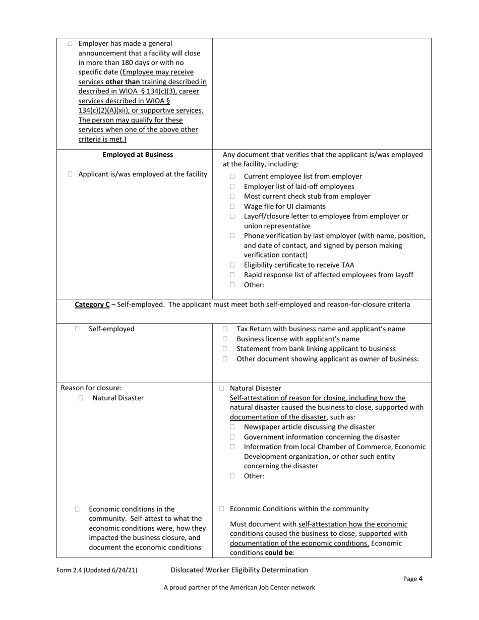 Form 2.4 Dislocated Worker Eligibility Determination for Dislocated Worker Program - Workforce Innovation and Opportunity Act (Wioa) - Arkansas, Page 4