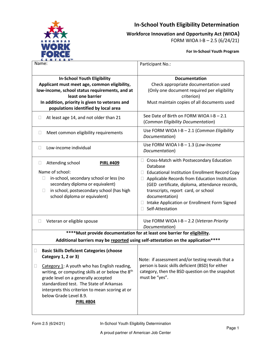 Form 2.5 In-school Youth Eligibility Determination for in-School Youth Program - Workforce Innovation and Opportunity Act (Wioa) - Arkansas, Page 1