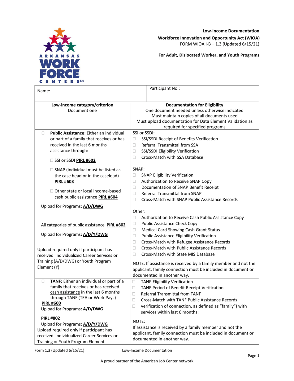 Form 1.3 Low-Income Documentation for Adult, Dislocated Worker, and Youth Programs - Workforce Innovation and Opportunity Act (Wioa) - Arkansas, Page 1