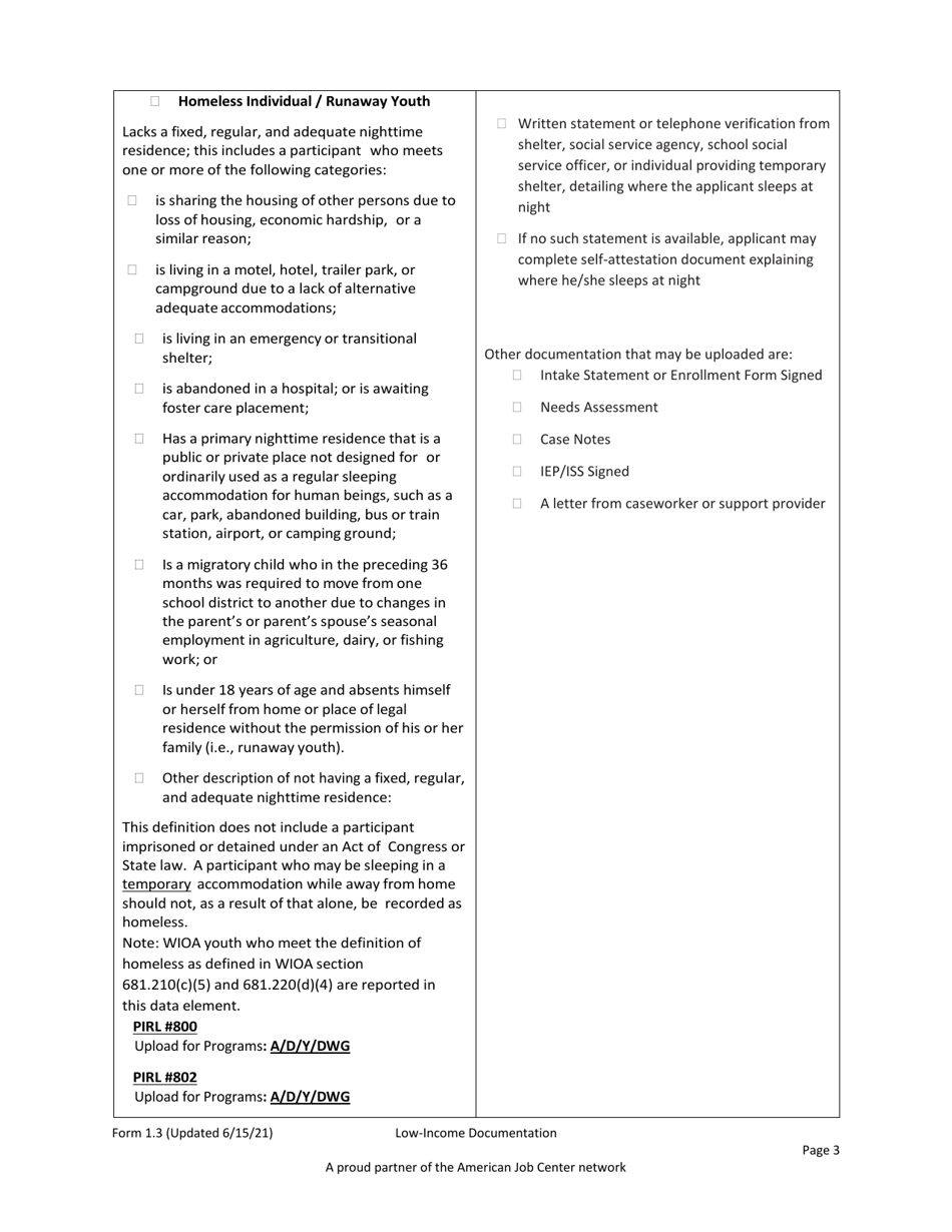 Form 1.3 Low-Income Documentation for Adult, Dislocated Worker, and Youth Programs - Workforce Innovation and Opportunity Act (Wioa) - Arkansas, Page 3