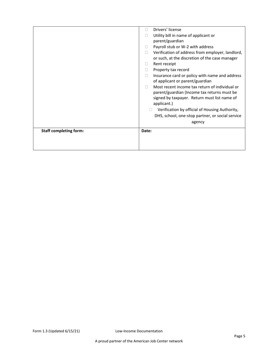 Form 1.3 Low-Income Documentation for Adult, Dislocated Worker, and Youth Programs - Workforce Innovation and Opportunity Act (Wioa) - Arkansas, Page 5