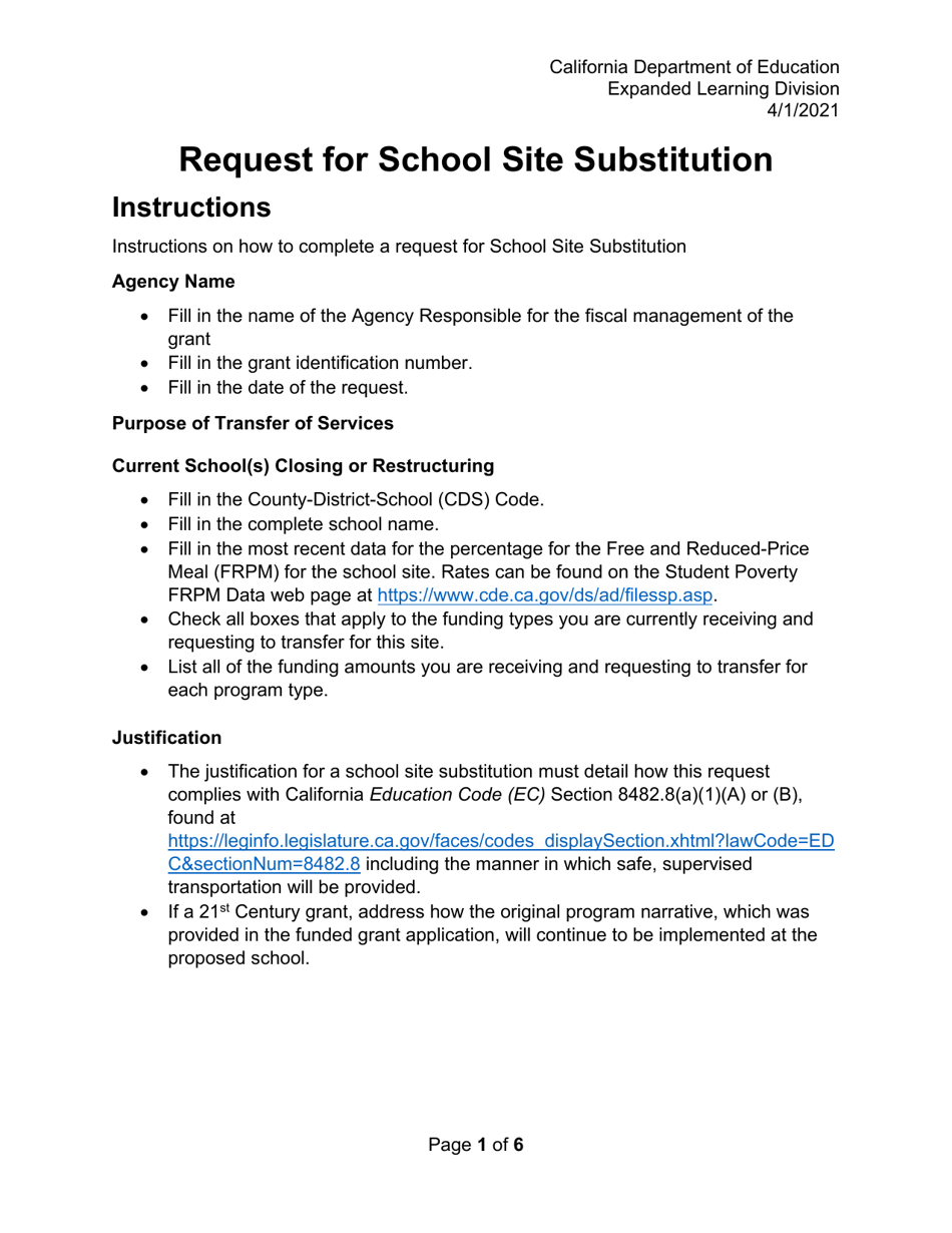 School Site Substitution Form - California, Page 1