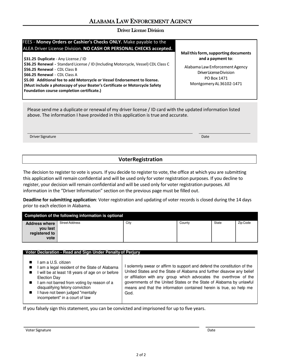 Form DL-100 Application for a Renewal or Duplicate License for Alabama Drivers Temporarily out of State - Alabama, Page 2