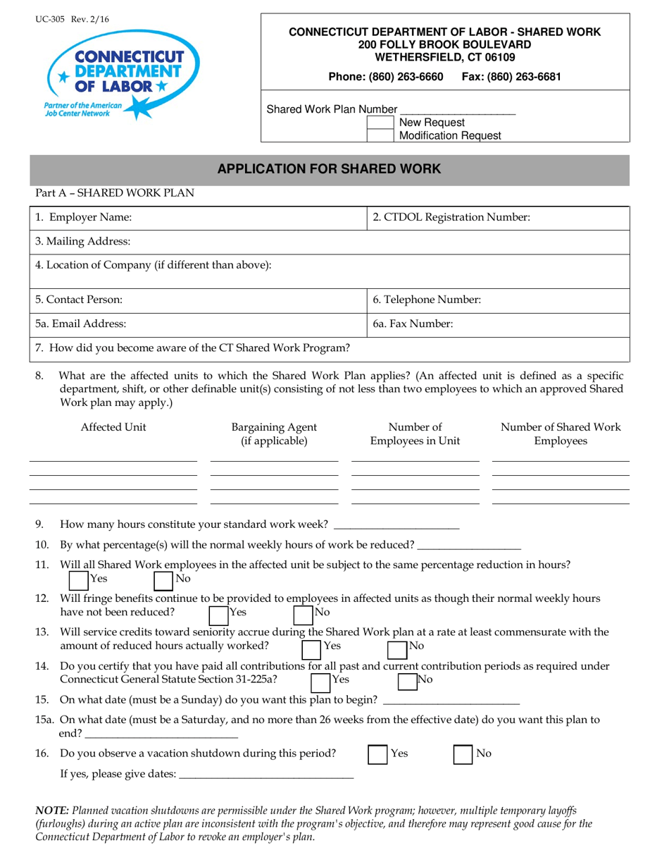 Form UC-305 Application for Shared Work - Connecticut, Page 1