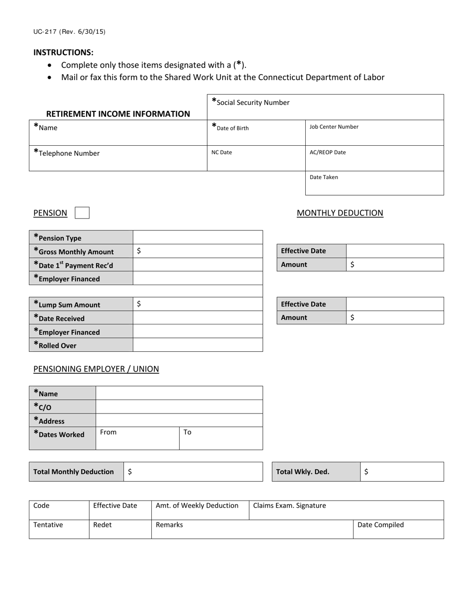Form UC-217 Retirement Income Information - Connecticut, Page 1