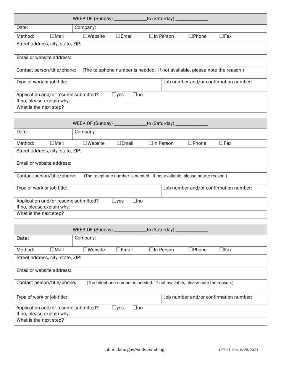 Form I-77-21 Work Search Log - Idaho (English / Spanish), Page 2