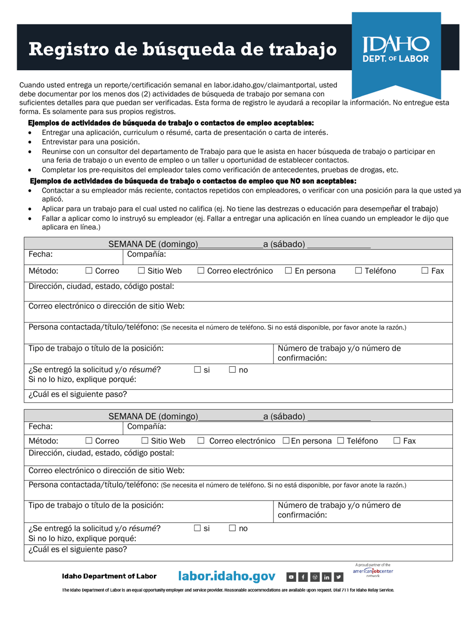 Form I-77-21 Work Search Log - Idaho (English / Spanish), Page 3