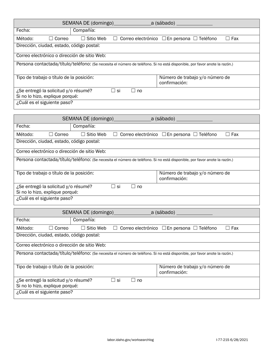 Form I-77-21 Work Search Log - Idaho (English / Spanish), Page 4