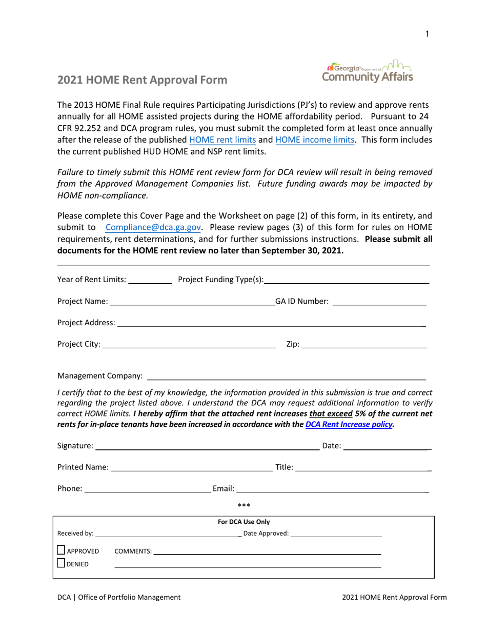 Home Rent Approval Form - Georgia (United States), Page 1
