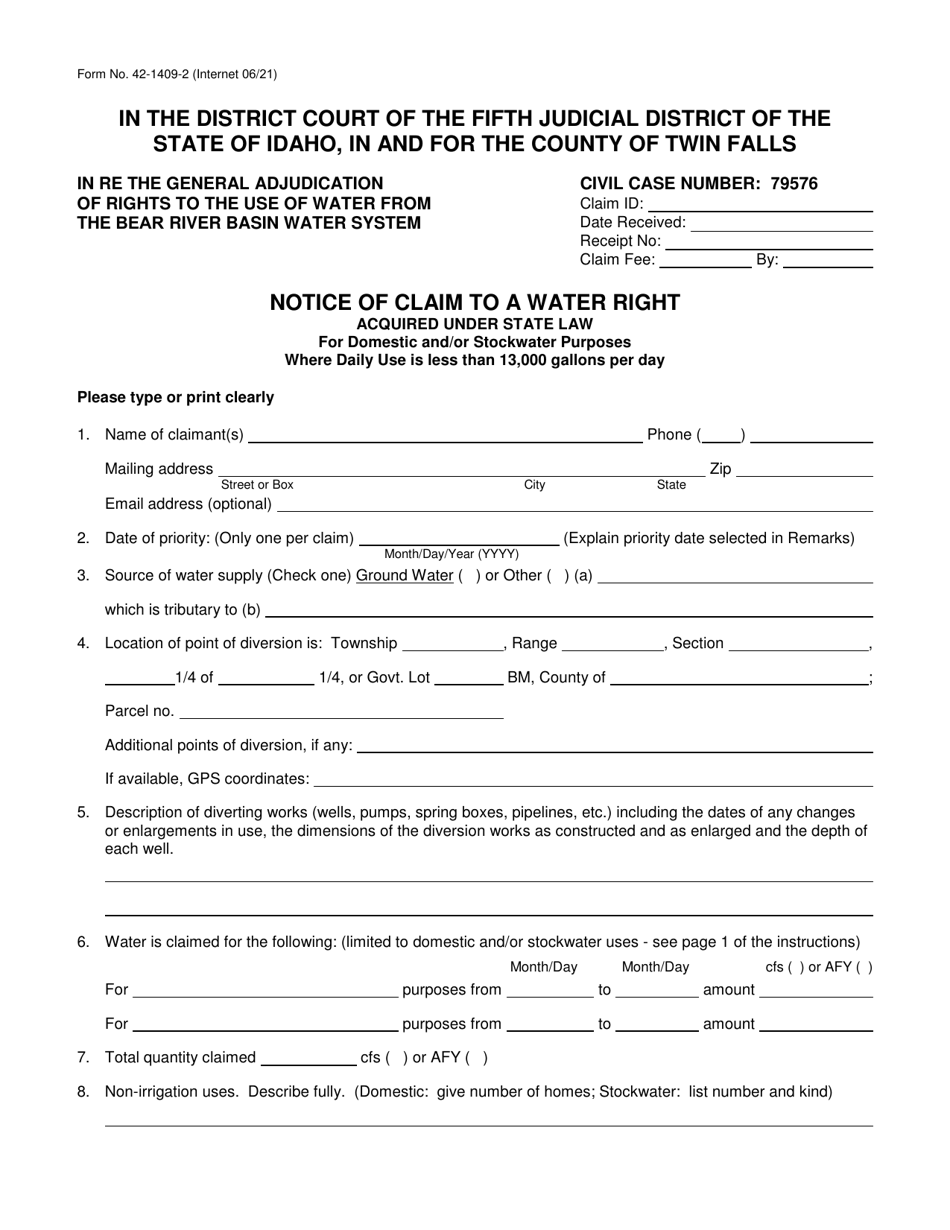 Form 42-1409-2 Notice of Claim to a Water Right Acquired Under State Law for Domestic and / or Stockwater Purposes Where Daily Use Is Less Than 13,000 Gallons Per Day - Idaho, Page 1