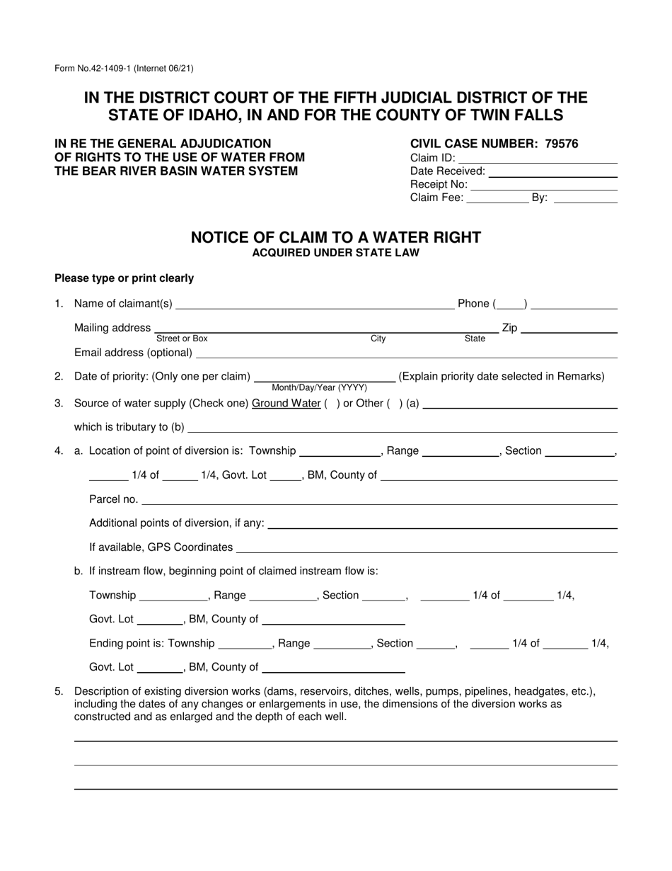 Form 42-1409-1 Notice of Claim to a Water Right Acquired Under State Law - Idaho, Page 1