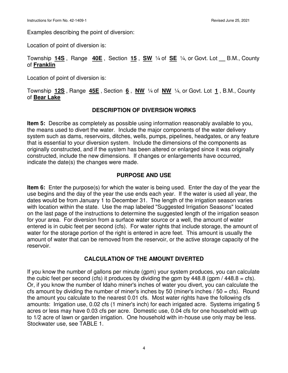 Instructions for Form 42-1409-1 Notice of Claim to a Water Right Acquired Under State Law - Idaho, Page 4