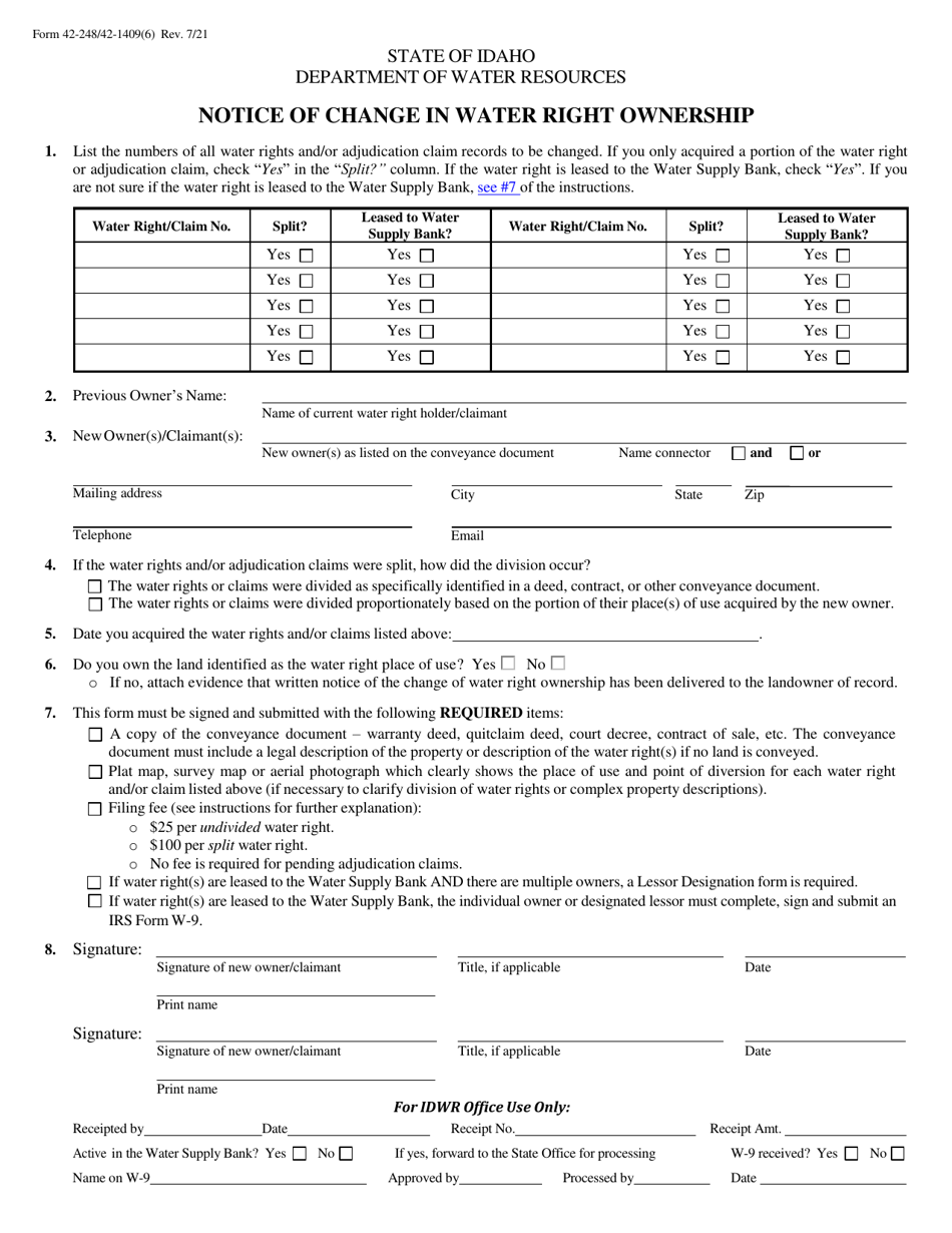 Form 42-248 / 42-1409(6) Notice of Change in Water Right Ownership - Idaho, Page 1