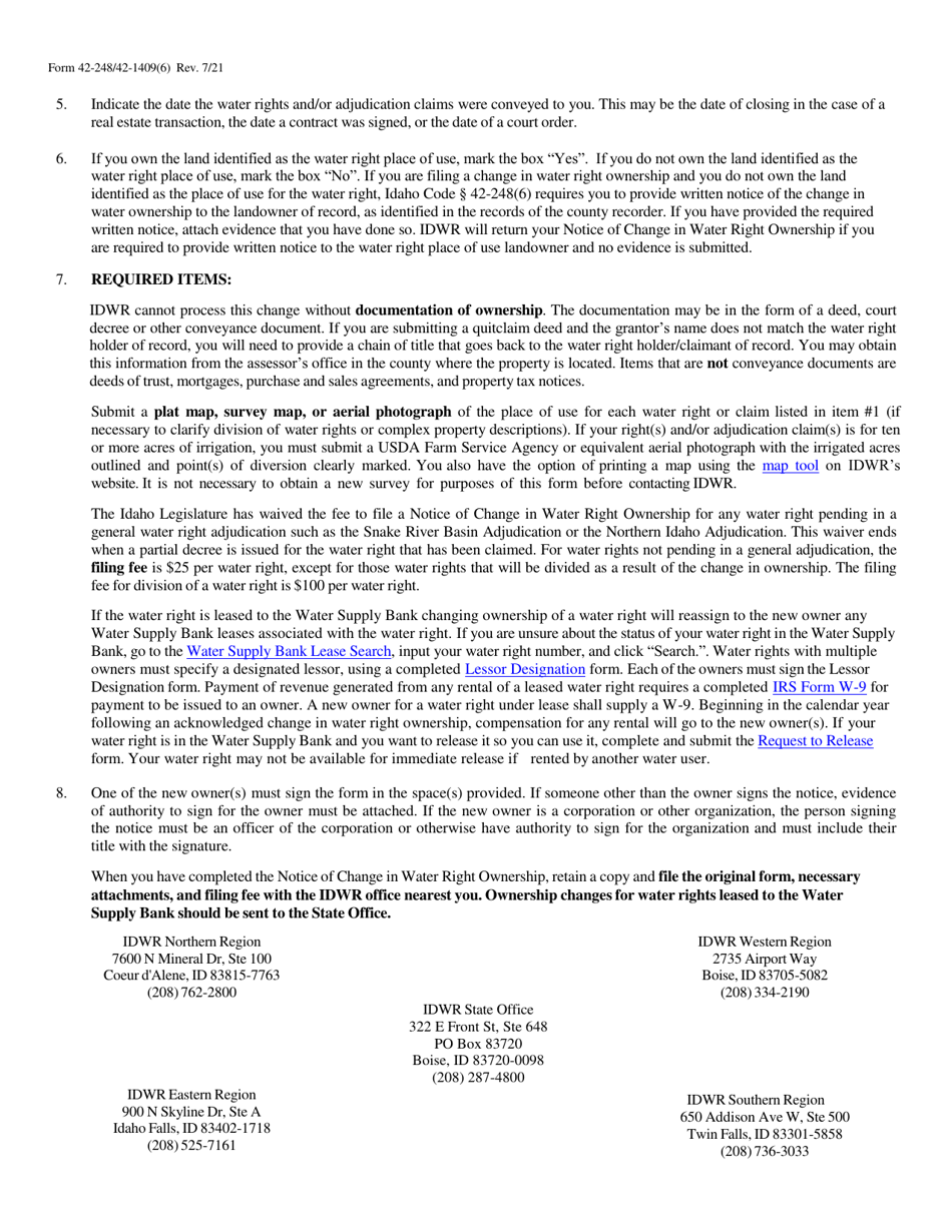 Form 42-248 / 42-1409(6) Notice of Change in Water Right Ownership - Idaho, Page 3