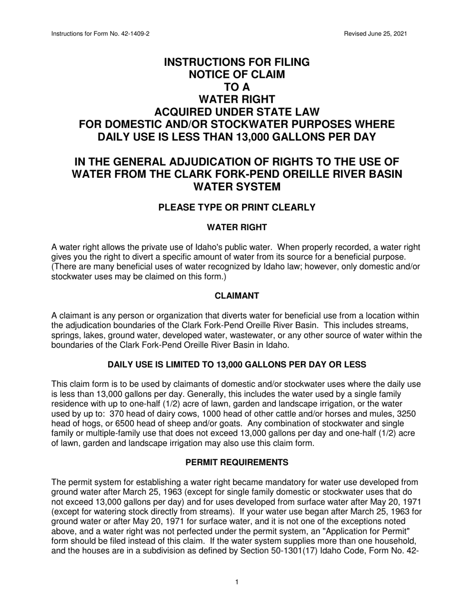 Instructions for Form 42-1409-2 Notice of Claim to a Water Right Acquired Under State Law for Domestic and / or Stockwater Purposes Where Daily Use Is Less Than 13,000 Gallons Per Day - Idaho, Page 1