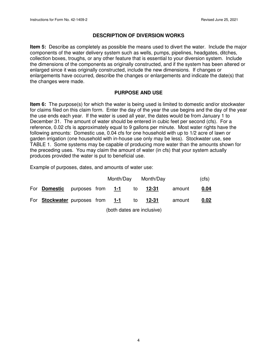 Instructions for Form 42-1409-2 Notice of Claim to a Water Right Acquired Under State Law for Domestic and / or Stockwater Purposes Where Daily Use Is Less Than 13,000 Gallons Per Day - Idaho, Page 4