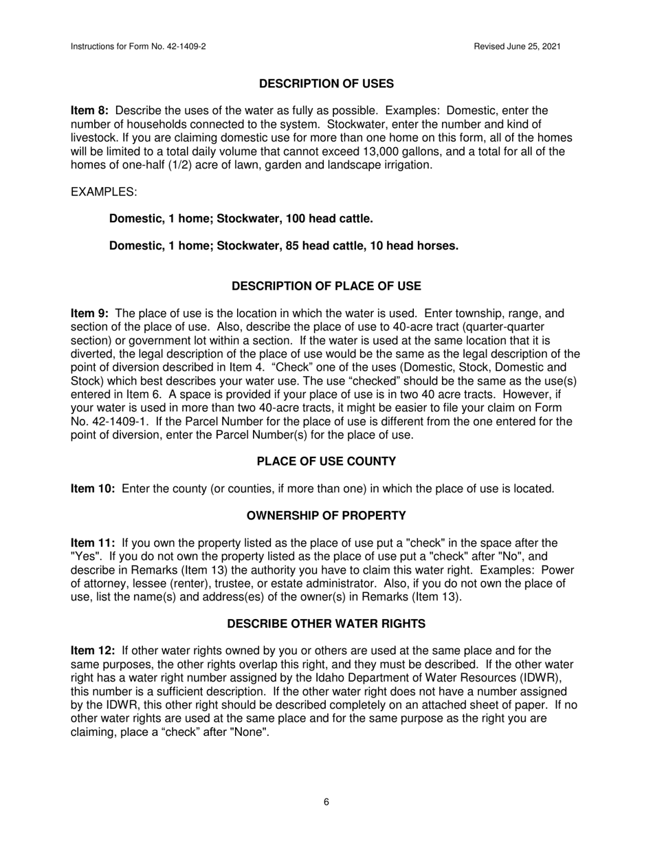 Instructions for Form 42-1409-2 Notice of Claim to a Water Right Acquired Under State Law for Domestic and / or Stockwater Purposes Where Daily Use Is Less Than 13,000 Gallons Per Day - Idaho, Page 6