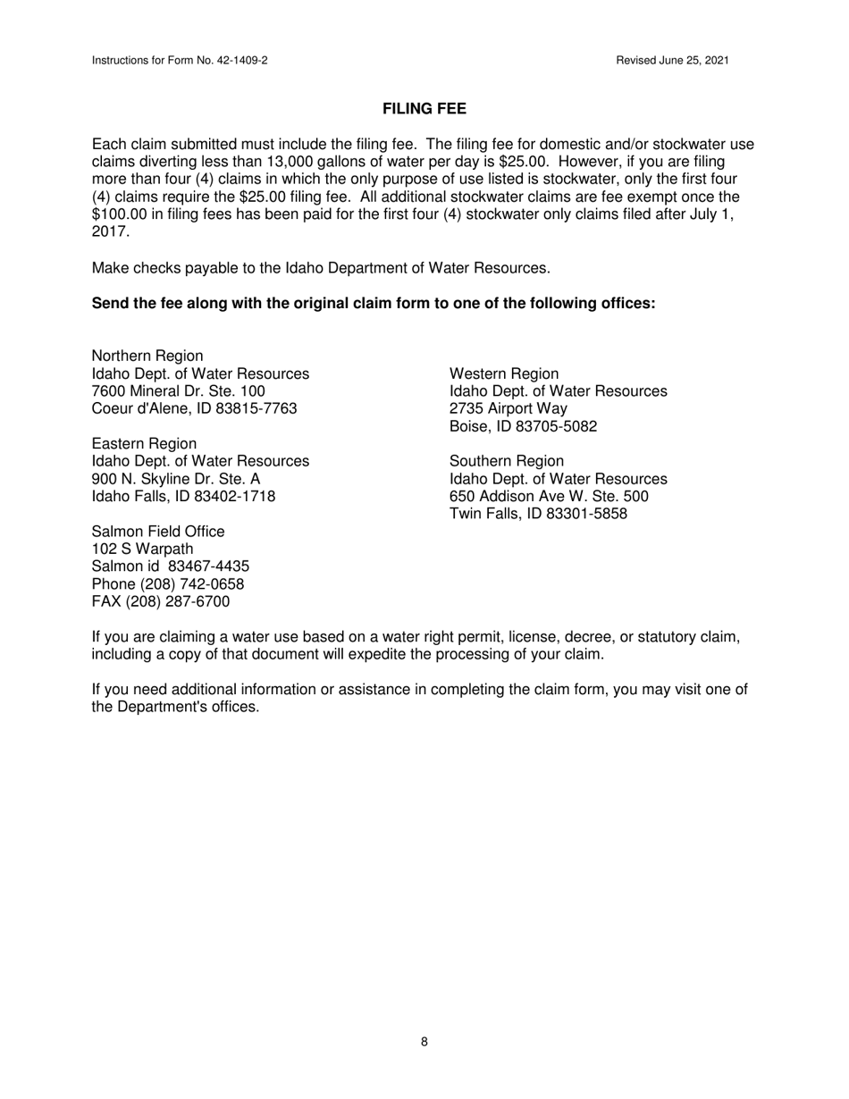 Instructions for Form 42-1409-2 Notice of Claim to a Water Right Acquired Under State Law for Domestic and / or Stockwater Purposes Where Daily Use Is Less Than 13,000 Gallons Per Day - Idaho, Page 8