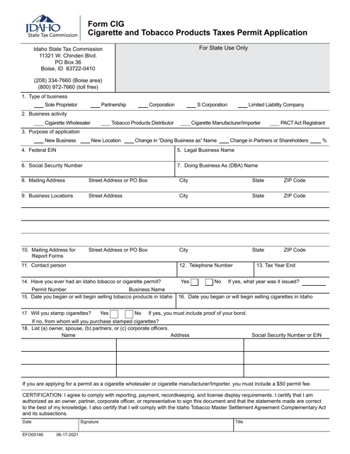 Form CIG (EFO00146) Cigarette and Tobacco Products Taxes Permit Application - Idaho