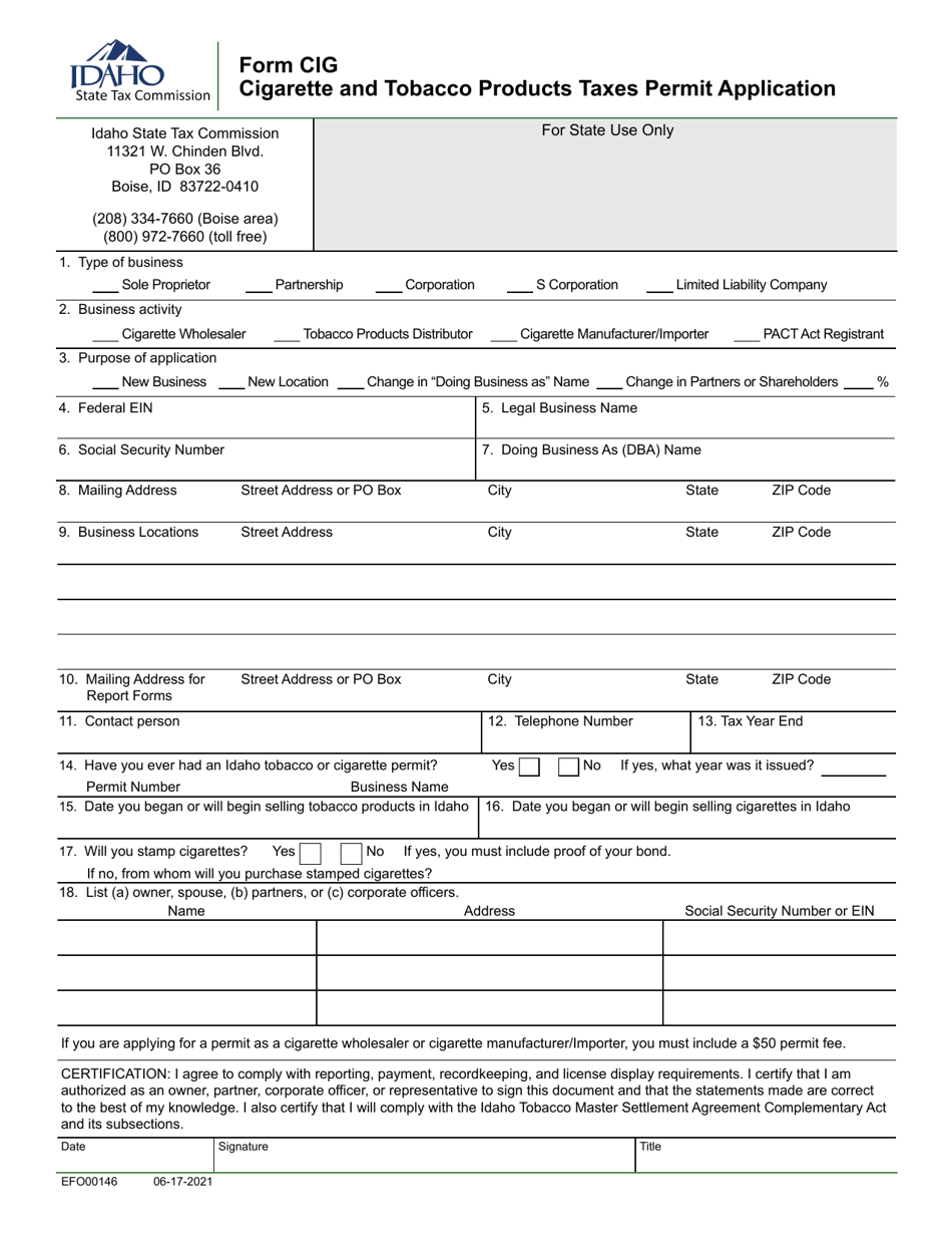 Form CIG (EFO00146) Cigarette and Tobacco Products Taxes Permit Application - Idaho, Page 1