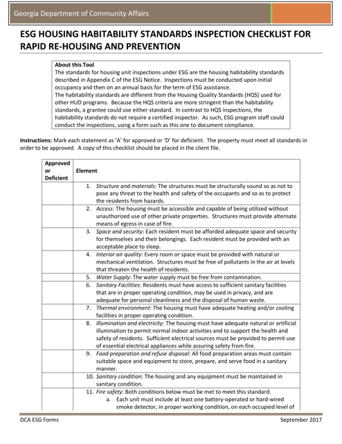 Esg Housing Habitability Standards Inspection Checklist for Rapid Re-housing and Prevention - Georgia (United States) Download Pdf