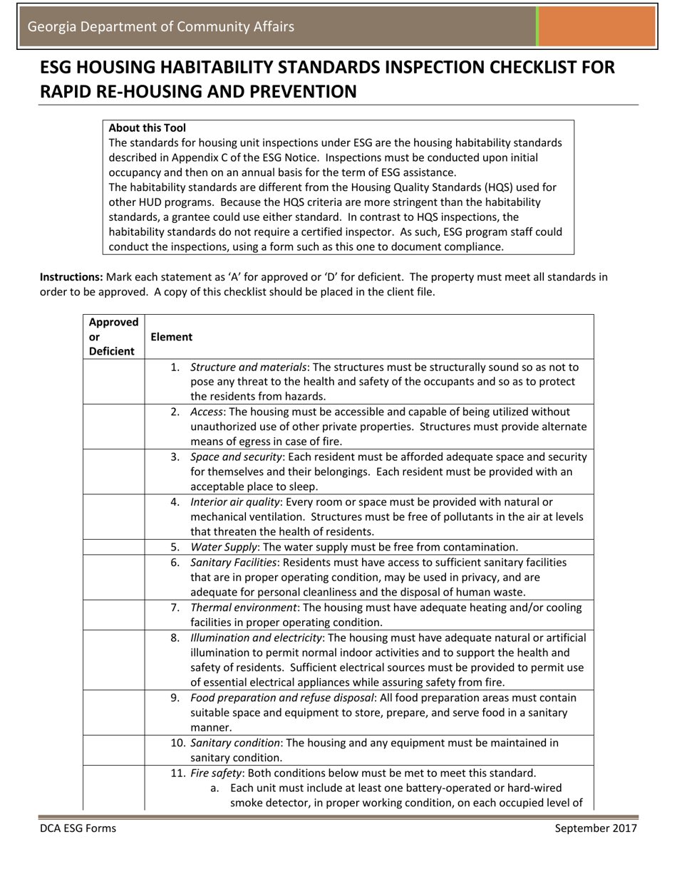 Esg Housing Habitability Standards Inspection Checklist for Rapid Re-housing and Prevention - Georgia (United States), Page 1