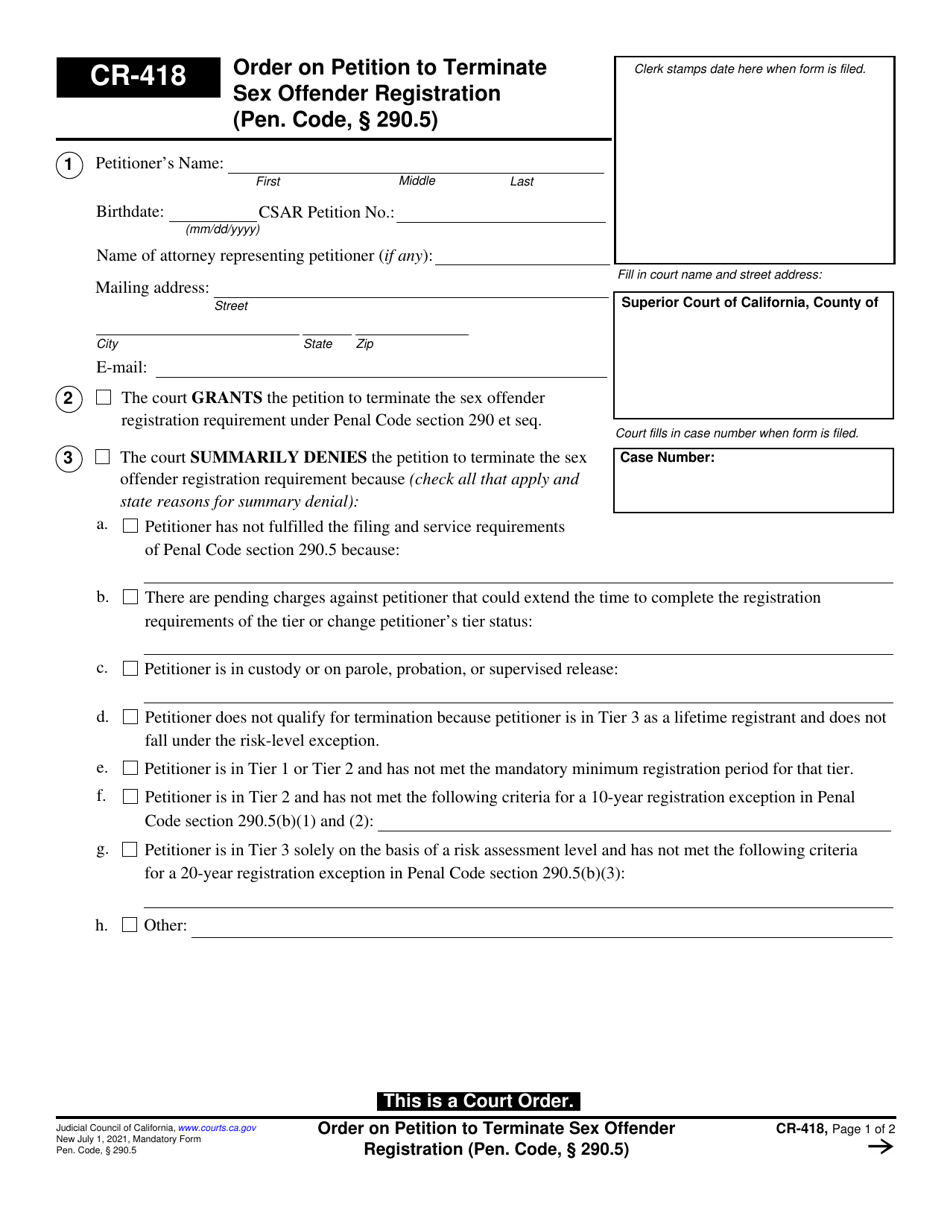 Form CR-418 Order on Petition to Terminate Sex Offender Registration (Pen. Code, 290.5) - California, Page 1