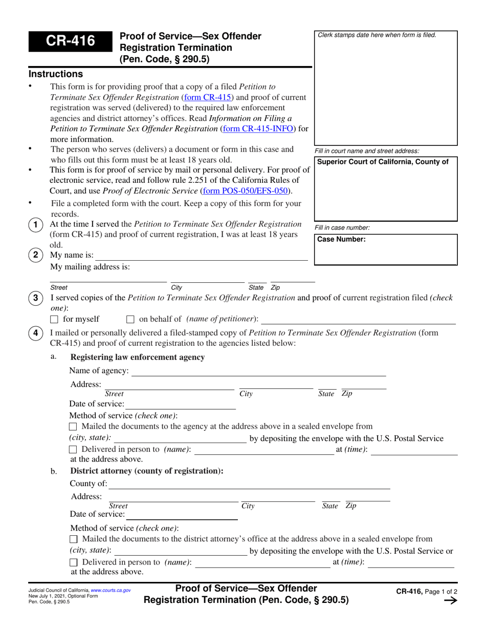 Form CR-416 Proof of Service - Sex Offender Registration Termination (Pen. Code, 290.5) - California, Page 1