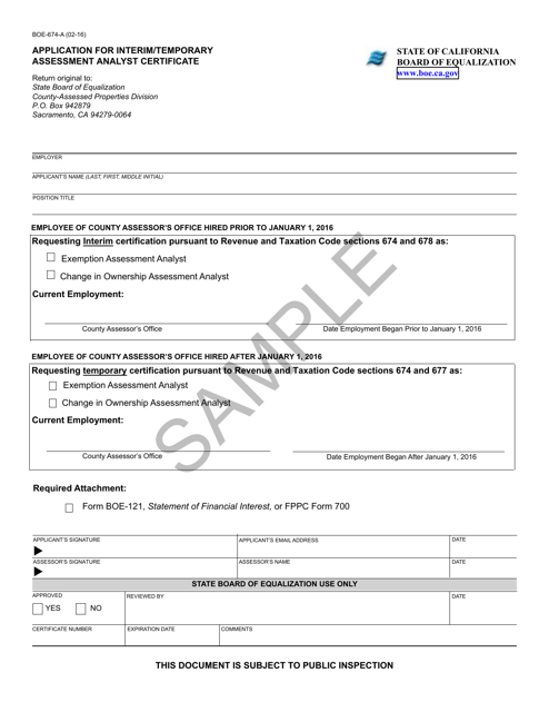 Form BOE-674-A Application for Interim/Temporary Assessment Analyst Certificate - Sample - California