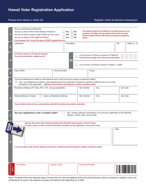 Hawaii Voter Registration Application - Hawaii Download Pdf