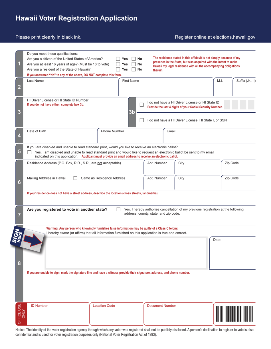 Hawaii Voter Registration Application - Hawaii, Page 1