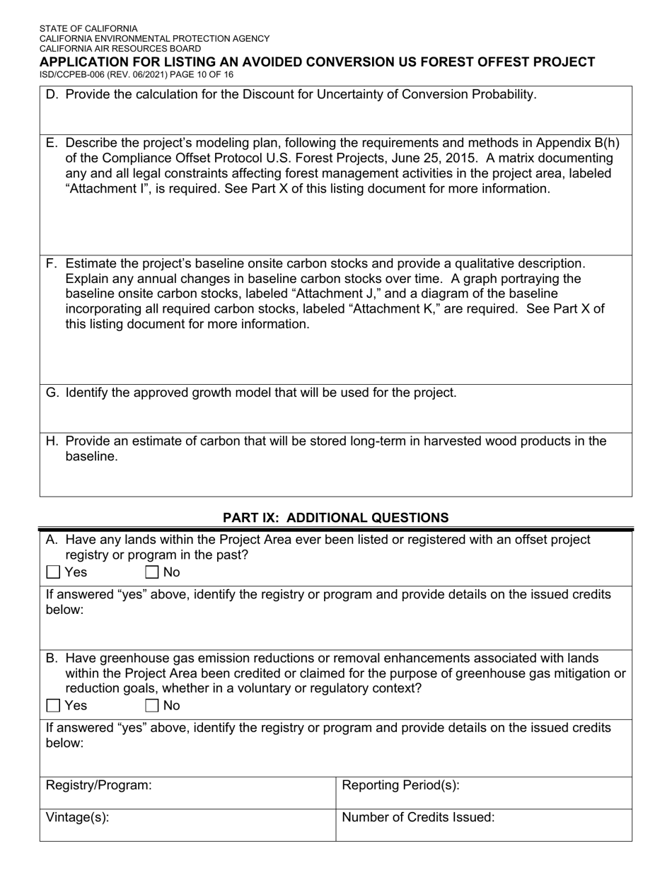 Form ISD / CCPEB-006 Application for Listing an Avoided Conversion US Forest Offset Project - California, Page 10