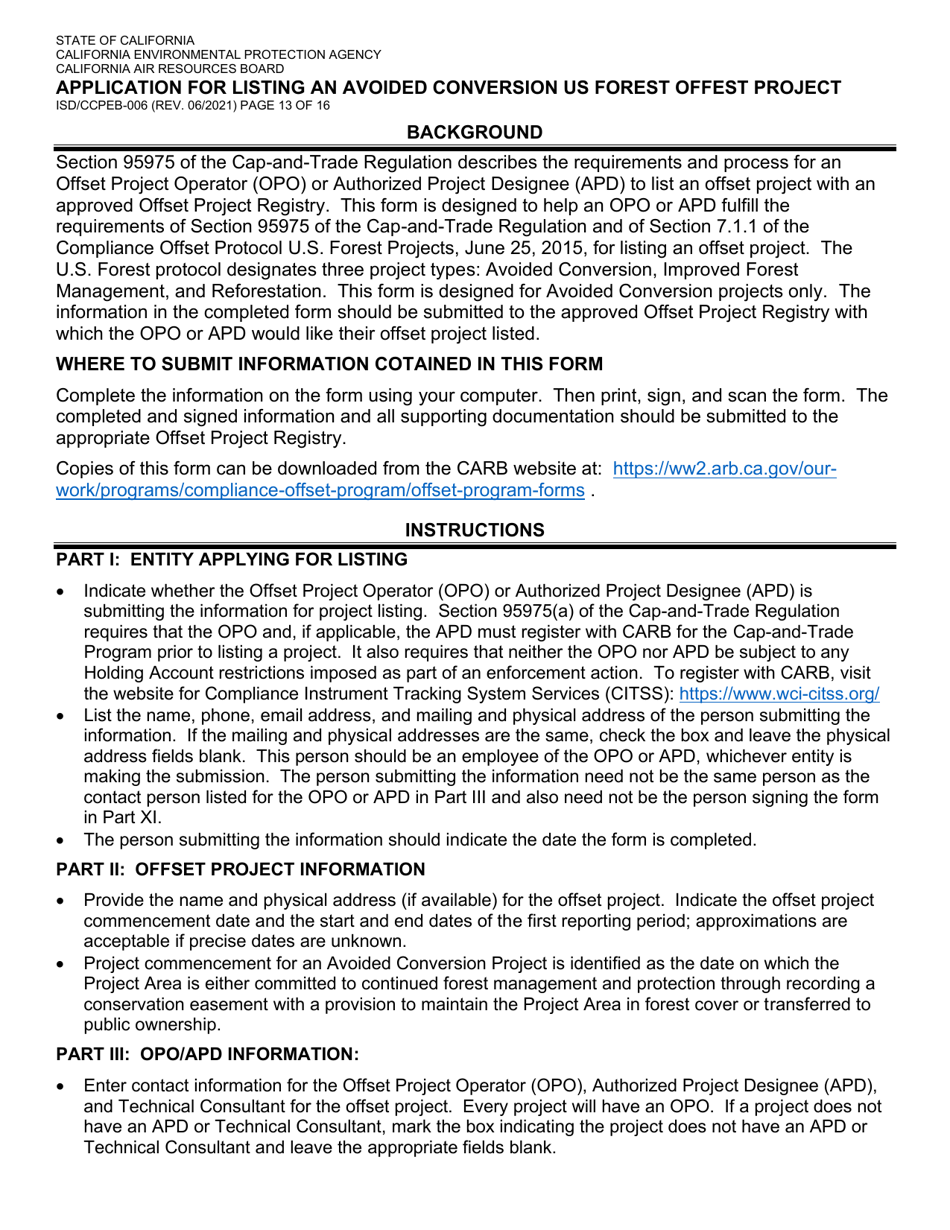 Form ISD / CCPEB-006 Application for Listing an Avoided Conversion US Forest Offset Project - California, Page 13