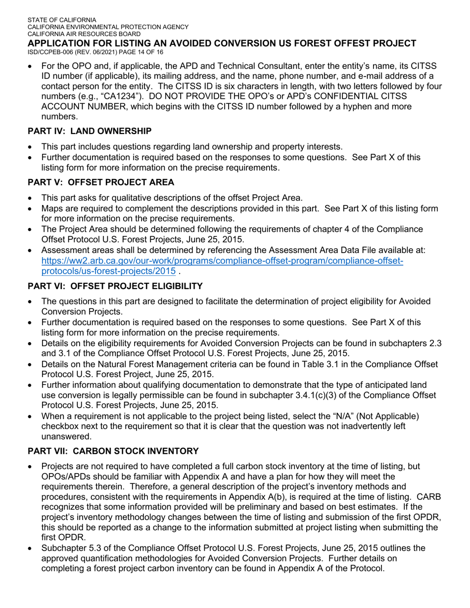 Form ISD / CCPEB-006 Application for Listing an Avoided Conversion US Forest Offset Project - California, Page 14
