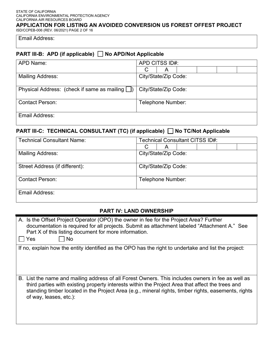 Form ISD / CCPEB-006 Application for Listing an Avoided Conversion US Forest Offset Project - California, Page 2
