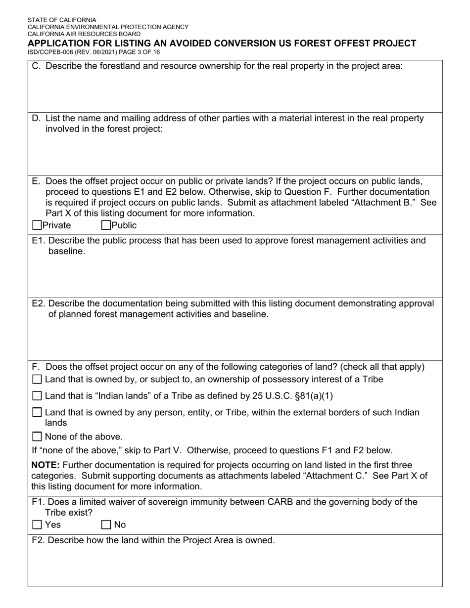 Form ISD / CCPEB-006 Application for Listing an Avoided Conversion US Forest Offset Project - California, Page 3