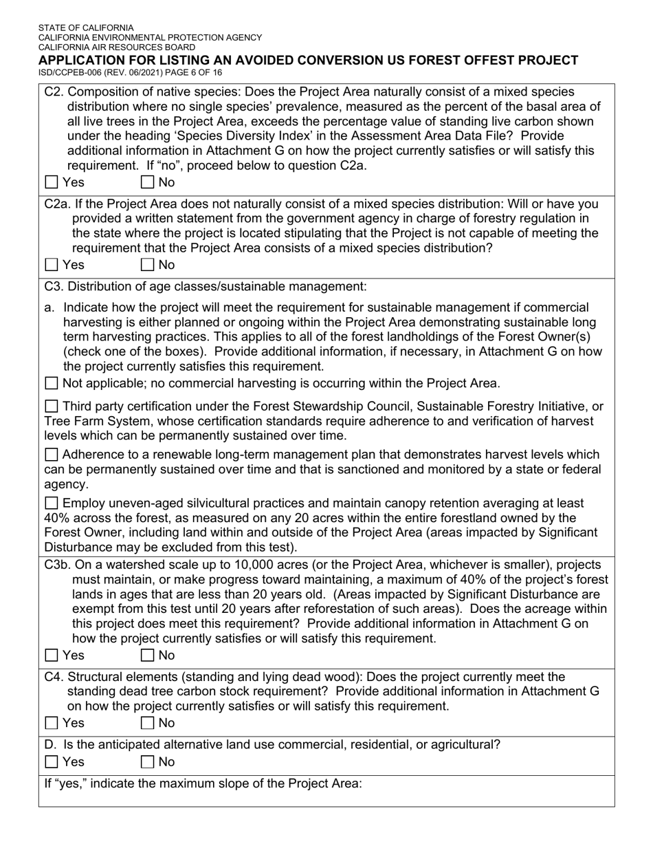 Form ISD / CCPEB-006 Application for Listing an Avoided Conversion US Forest Offset Project - California, Page 6