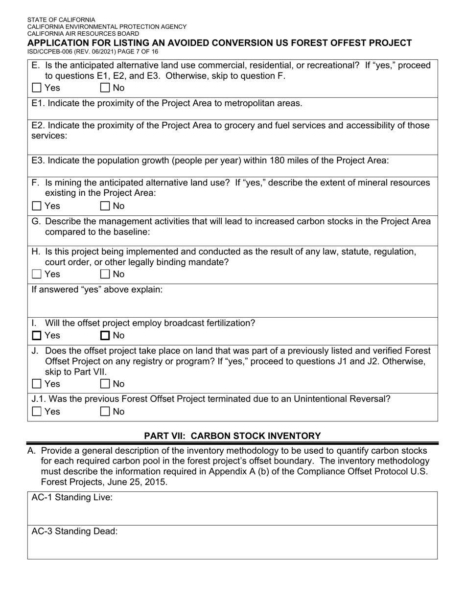 Form ISD / CCPEB-006 Application for Listing an Avoided Conversion US Forest Offset Project - California, Page 7