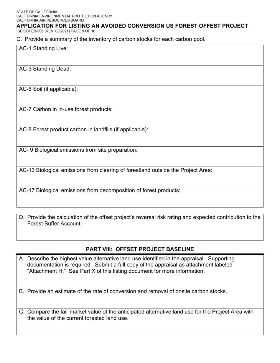 Form ISD / CCPEB-006 Application for Listing an Avoided Conversion US Forest Offset Project - California, Page 9