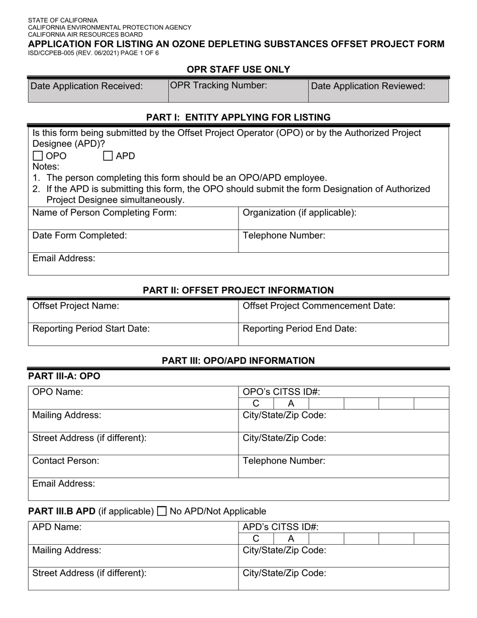 Form ISD / CCPEB-005 Application for Listing an Ozone Depleting Substances Offset Project Form - California, Page 1