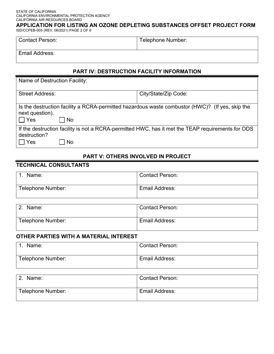 Form ISD / CCPEB-005 Application for Listing an Ozone Depleting Substances Offset Project Form - California, Page 2