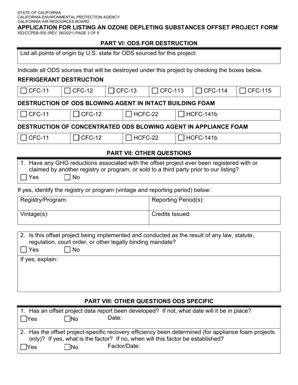 Form ISD / CCPEB-005 Application for Listing an Ozone Depleting Substances Offset Project Form - California, Page 3