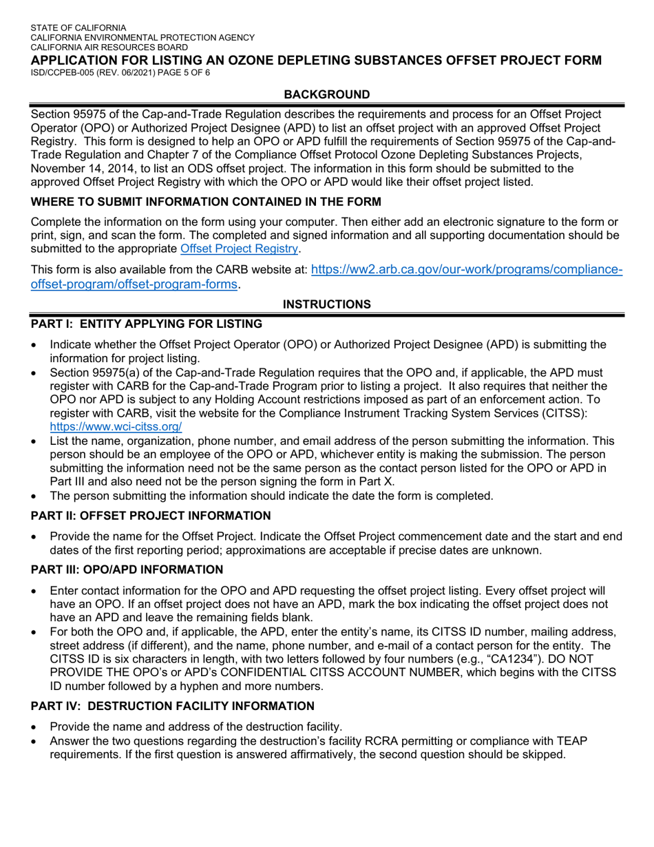 Form ISD / CCPEB-005 Application for Listing an Ozone Depleting Substances Offset Project Form - California, Page 5